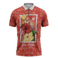 Aloha Hawaii Pua Aloalo Zipper Polo Shirt Hawaiian Hibiscus Flowers Stylized Stamp LT14 Red - Polynesian Pride