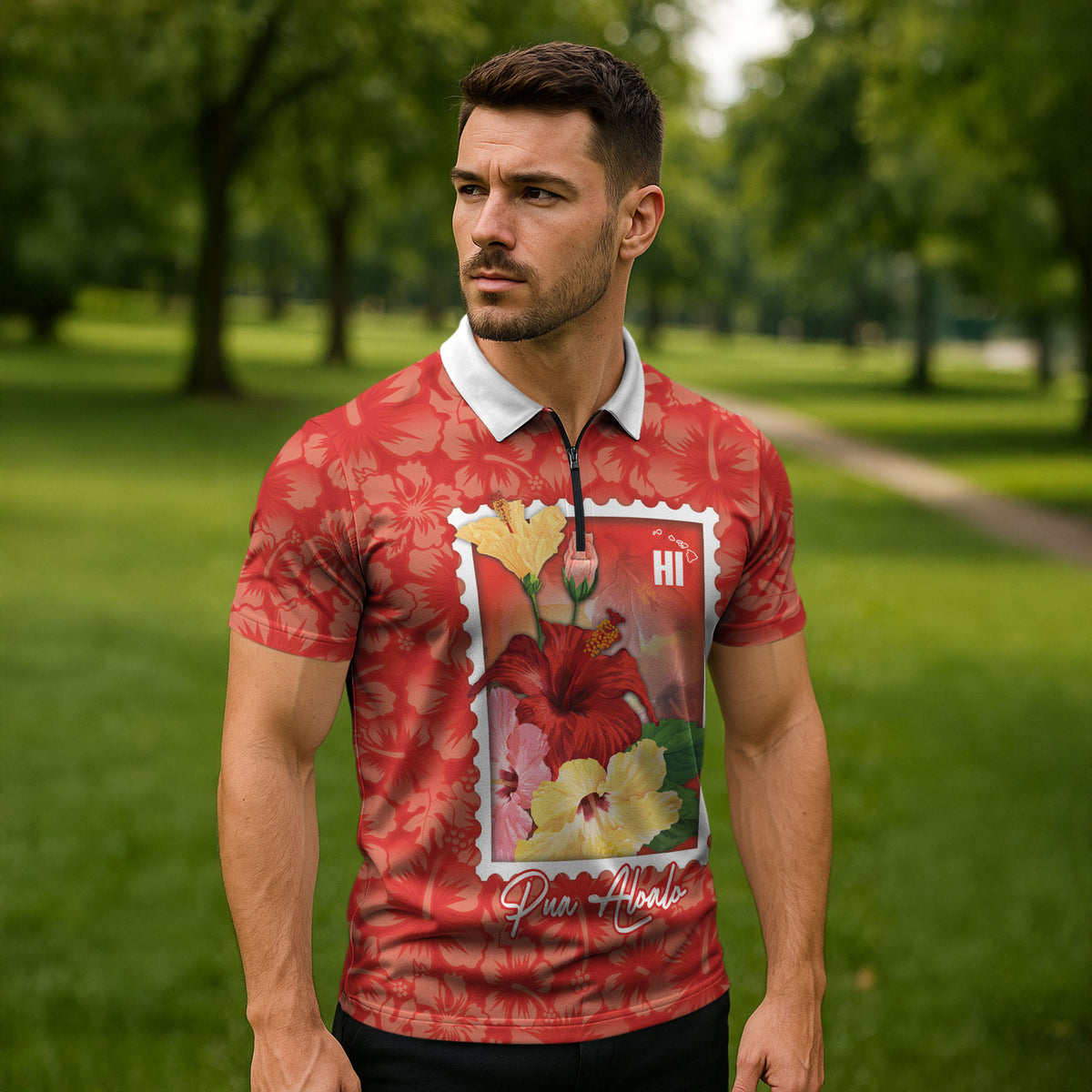Aloha Hawaii Pua Aloalo Zipper Polo Shirt Hawaiian Hibiscus Flowers Stylized Stamp LT14 - Polynesian Pride