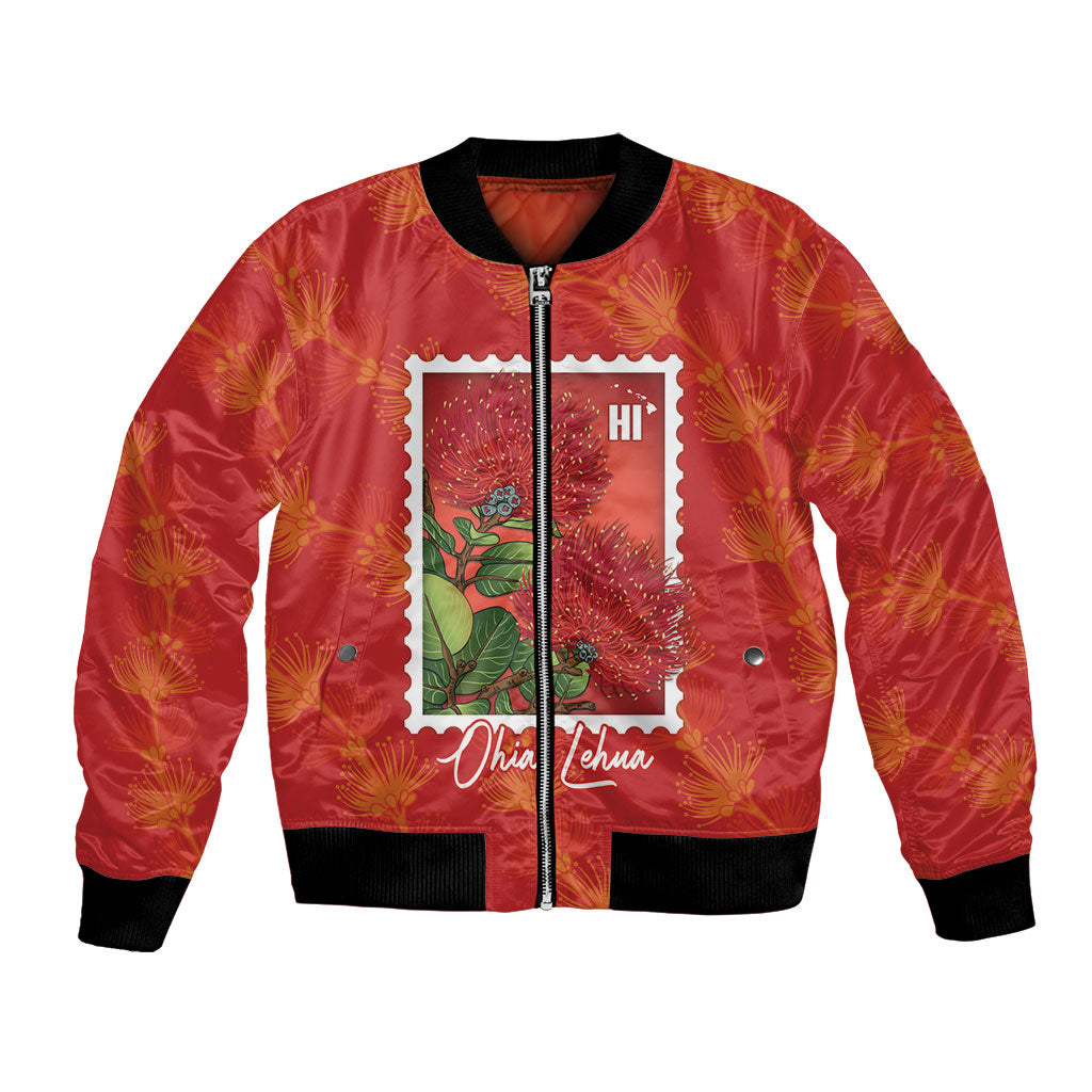 Aloha Hawaii Ohia Lehua Bomber Jacket Hawaiian Lei Stylized Stamp LT14 Unisex Red - Polynesian Pride