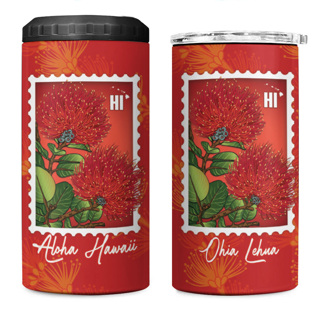 Aloha Hawaii Ohia Lehua 4 in 1 Can Cooler Tumbler Hawaiian Lei Stylized Stamp