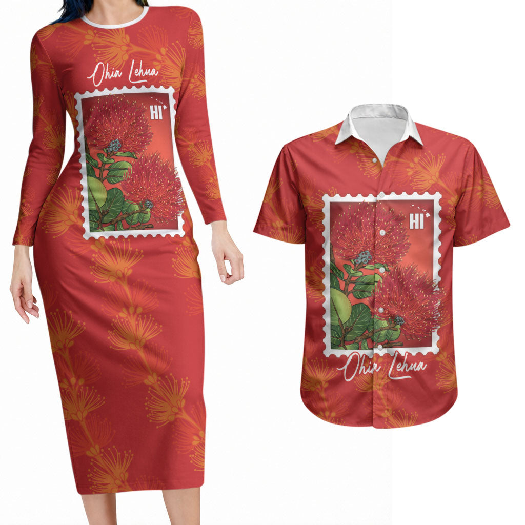 Aloha Hawaii Ohia Lehua Couples Matching Long Sleeve Bodycon Dress and Hawaiian Shirt Hawaiian Lei Stylized Stamp LT14 Red - Polynesian Pride