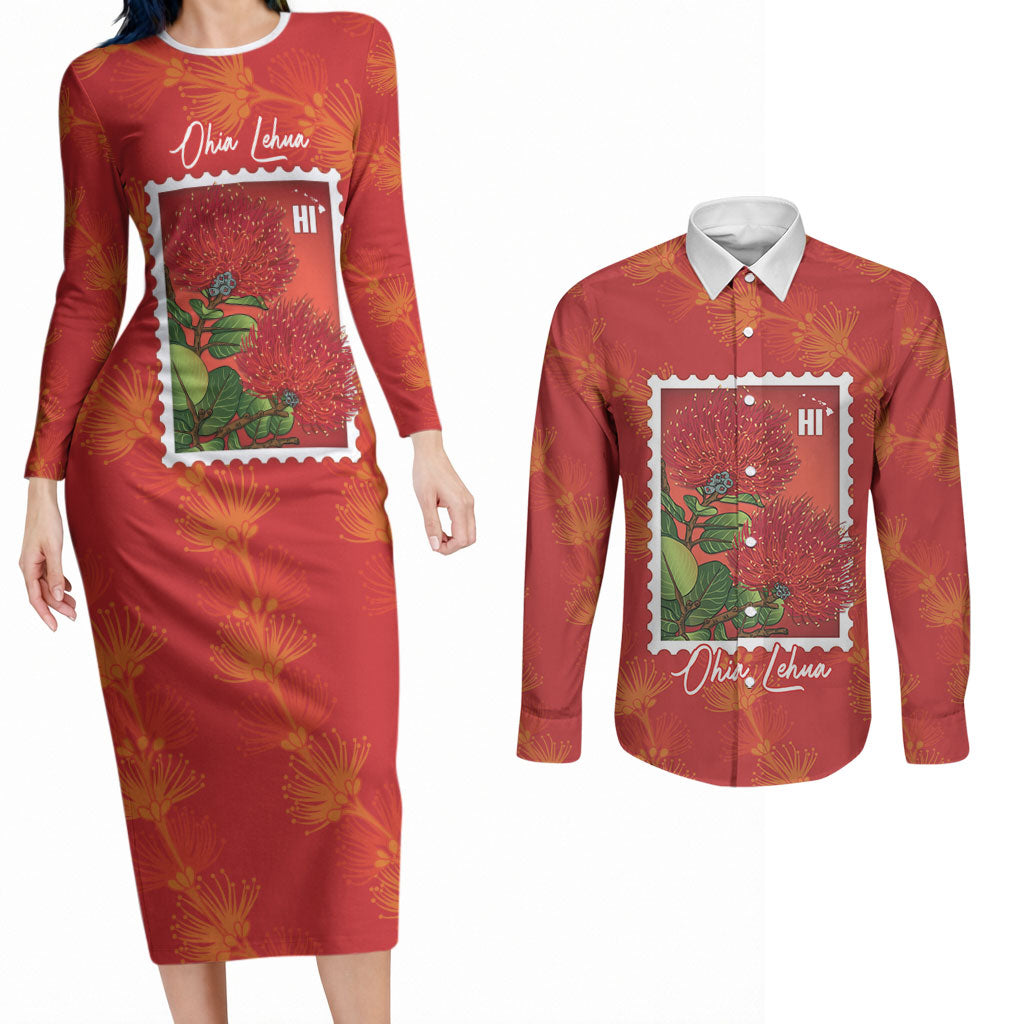 Aloha Hawaii Ohia Lehua Couples Matching Long Sleeve Bodycon Dress and Long Sleeve Button Shirt Hawaiian Lei Stylized Stamp LT14 Red - Polynesian Pride