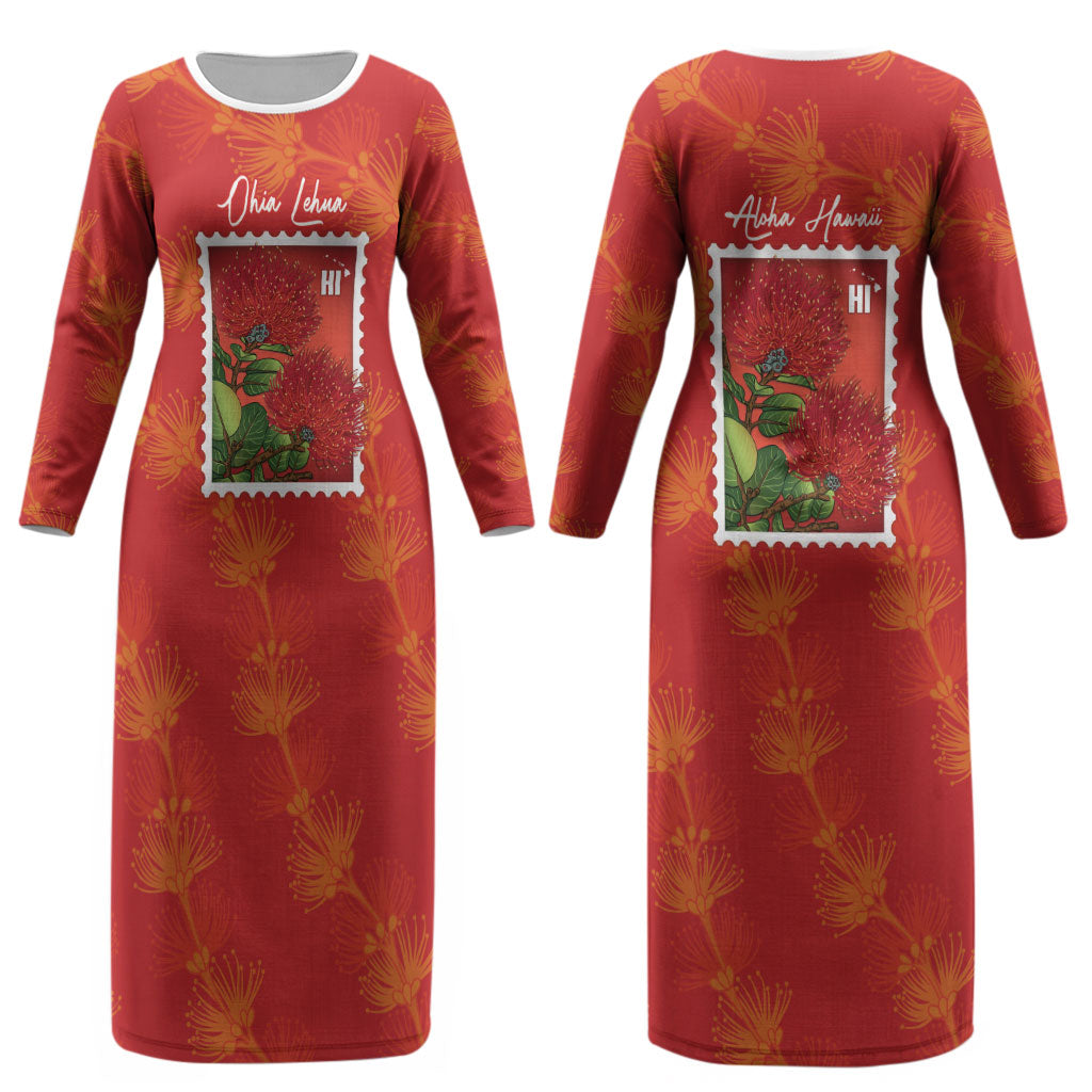 Aloha Hawaii Ohia Lehua Couples Matching Long Sleeve Bodycon Dress and Long Sleeve Button Shirt Hawaiian Lei Stylized Stamp LT14 - Polynesian Pride
