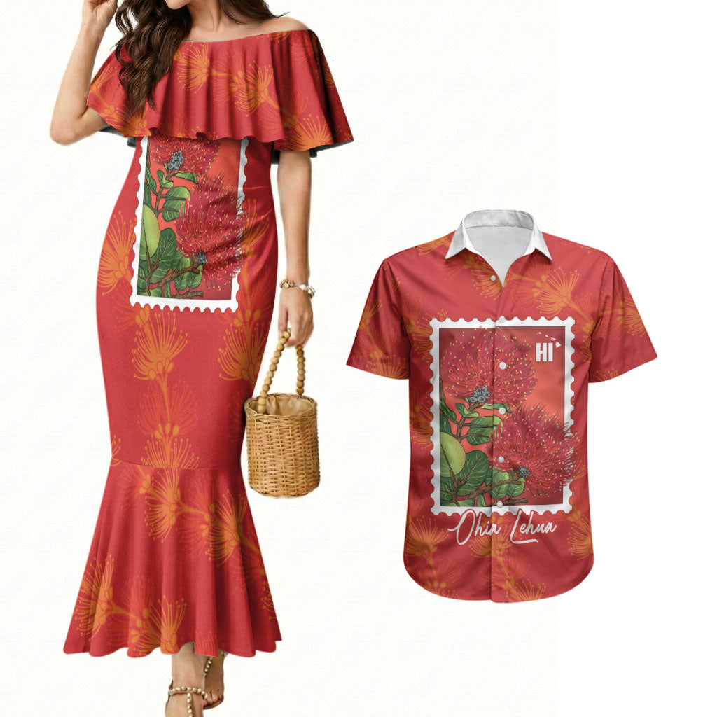 Aloha Hawaii Ohia Lehua Couples Matching Mermaid Dress and Hawaiian Shirt Hawaiian Lei Stylized Stamp LT14 Red - Polynesian Pride