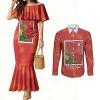Aloha Hawaii Ohia Lehua Couples Matching Mermaid Dress and Long Sleeve Button Shirt Hawaiian Lei Stylized Stamp LT14 Red - Polynesian Pride