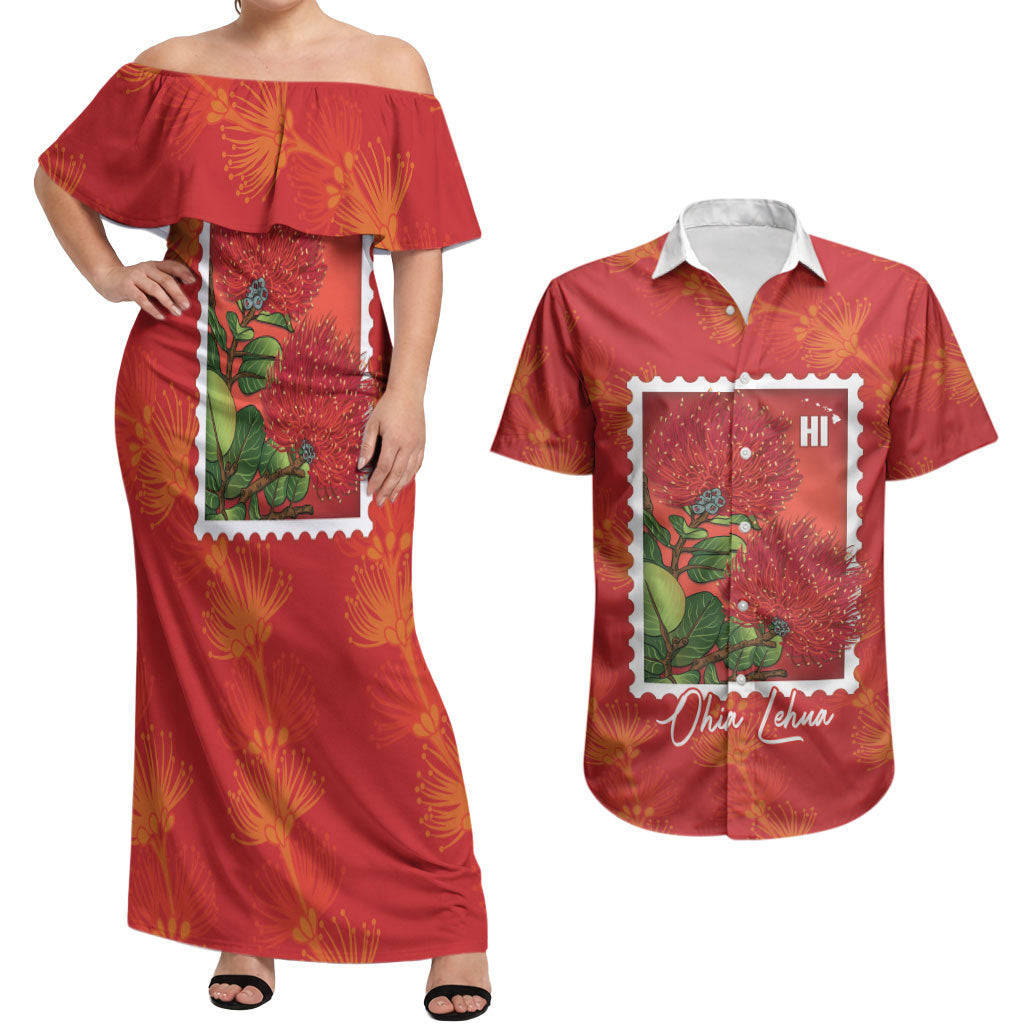 Aloha Hawaii Ohia Lehua Couples Matching Off Shoulder Maxi Dress and Hawaiian Shirt Hawaiian Lei Stylized Stamp LT14 Red - Polynesian Pride