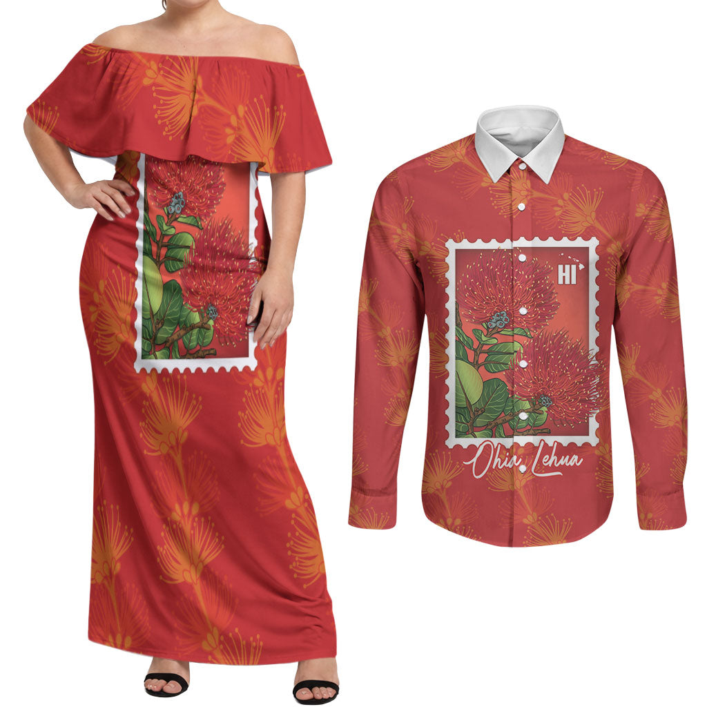 Aloha Hawaii Ohia Lehua Couples Matching Off Shoulder Maxi Dress and Long Sleeve Button Shirt Hawaiian Lei Stylized Stamp LT14 Red - Polynesian Pride