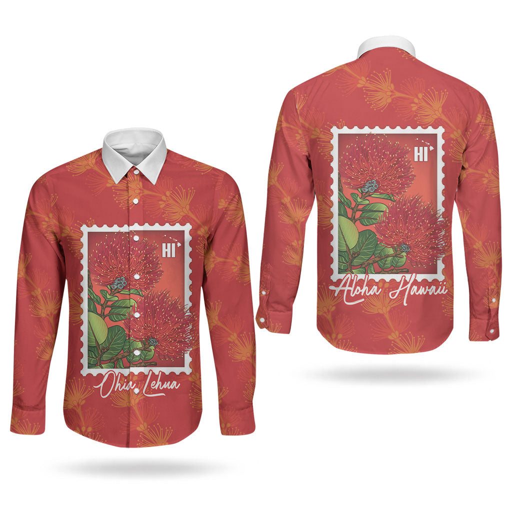 Aloha Hawaii Ohia Lehua Couples Matching Off Shoulder Maxi Dress and Long Sleeve Button Shirt Hawaiian Lei Stylized Stamp LT14 - Polynesian Pride