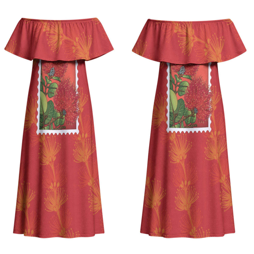 Aloha Hawaii Ohia Lehua Couples Matching Off Shoulder Maxi Dress and Long Sleeve Button Shirt Hawaiian Lei Stylized Stamp LT14 - Polynesian Pride