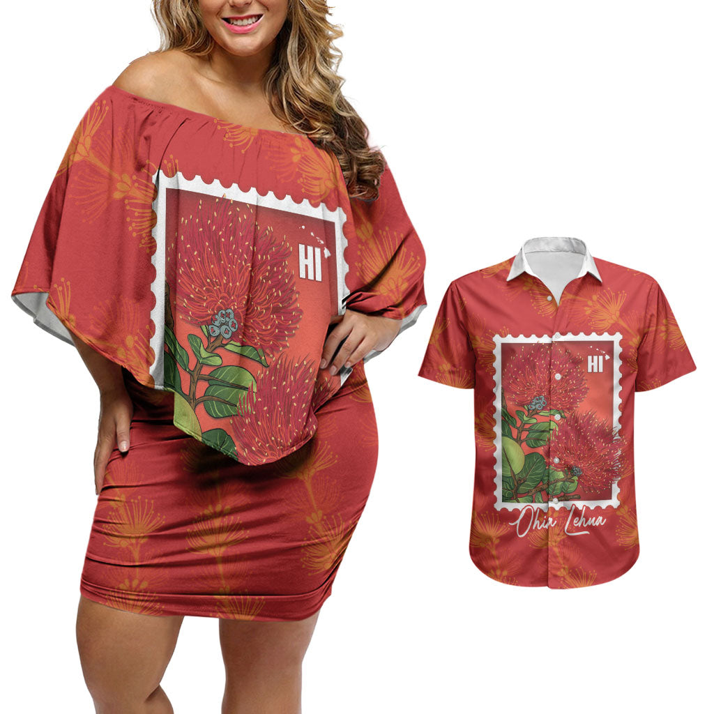 Aloha Hawaii Ohia Lehua Couples Matching Off Shoulder Short Dress and Hawaiian Shirt Hawaiian Lei Stylized Stamp LT14 Red - Polynesian Pride