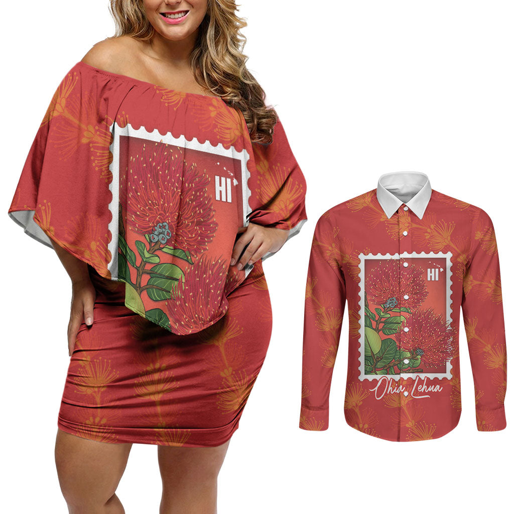Aloha Hawaii Ohia Lehua Couples Matching Off Shoulder Short Dress and Long Sleeve Button Shirt Hawaiian Lei Stylized Stamp LT14 Red - Polynesian Pride