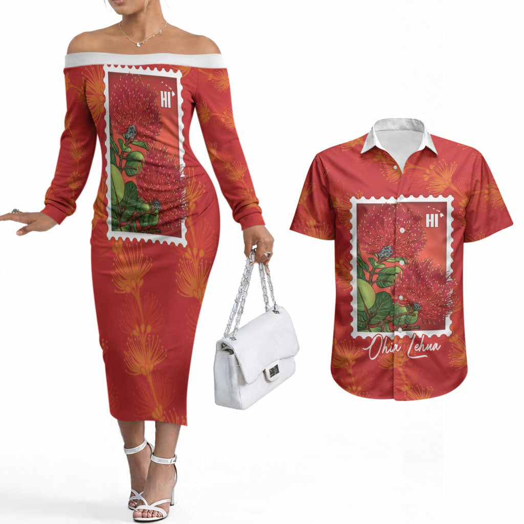 Aloha Hawaii Ohia Lehua Couples Matching Off The Shoulder Long Sleeve Dress and Hawaiian Shirt Hawaiian Lei Stylized Stamp LT14 Red - Polynesian Pride