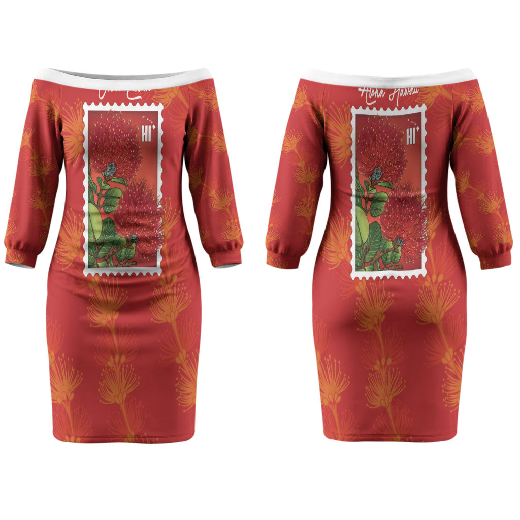 Aloha Hawaii Ohia Lehua Couples Matching Off The Shoulder Long Sleeve Dress and Hawaiian Shirt Hawaiian Lei Stylized Stamp LT14 - Polynesian Pride