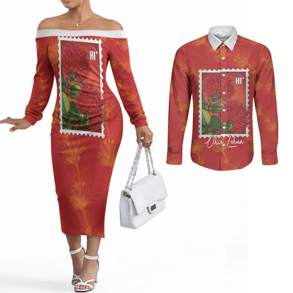 Aloha Hawaii Ohia Lehua Couples Matching Off The Shoulder Long Sleeve Dress and Long Sleeve Button Shirt Hawaiian Lei Stylized Stamp LT14 Red - Polynesian Pride