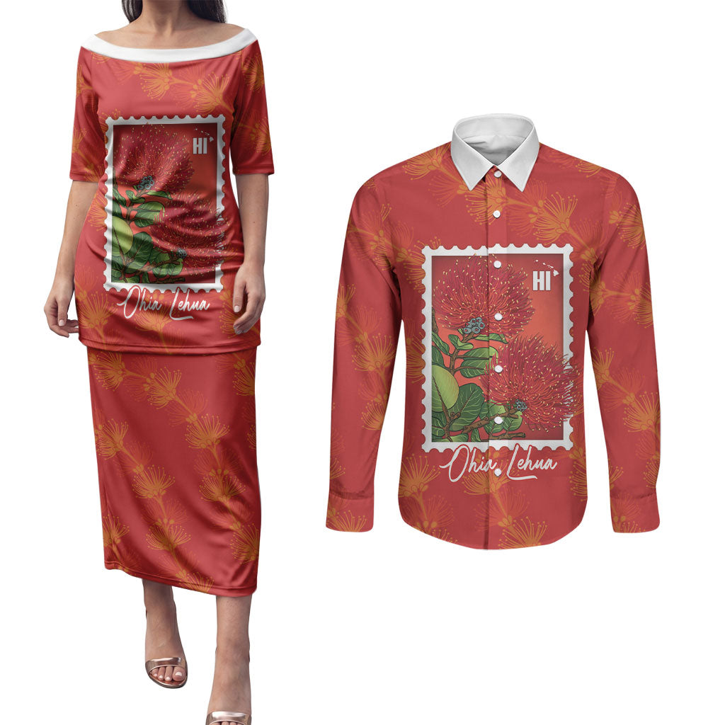Aloha Hawaii Ohia Lehua Couples Matching Puletasi and Long Sleeve Button Shirt Hawaiian Lei Stylized Stamp LT14 Red - Polynesian Pride