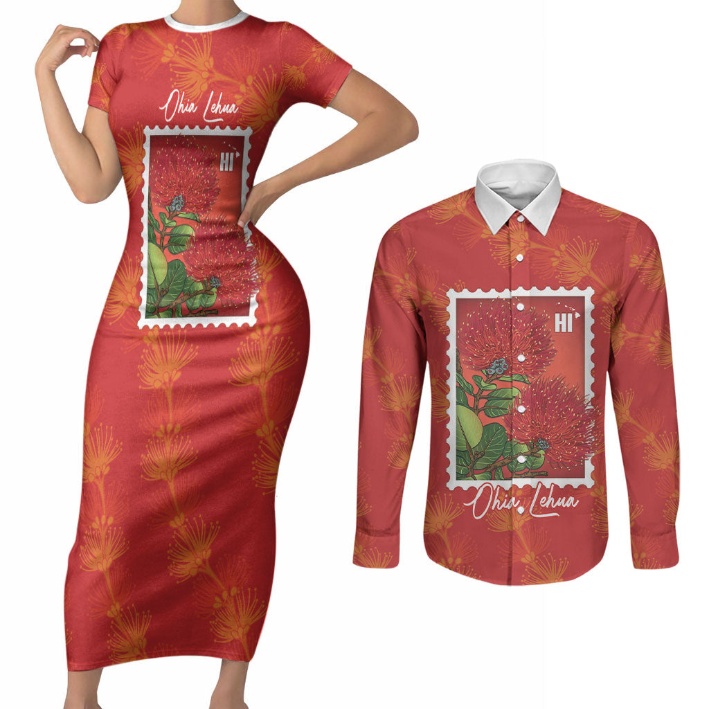 Aloha Hawaii Ohia Lehua Couples Matching Short Sleeve Bodycon Dress and Long Sleeve Button Shirt Hawaiian Lei Stylized Stamp LT14 Red - Polynesian Pride