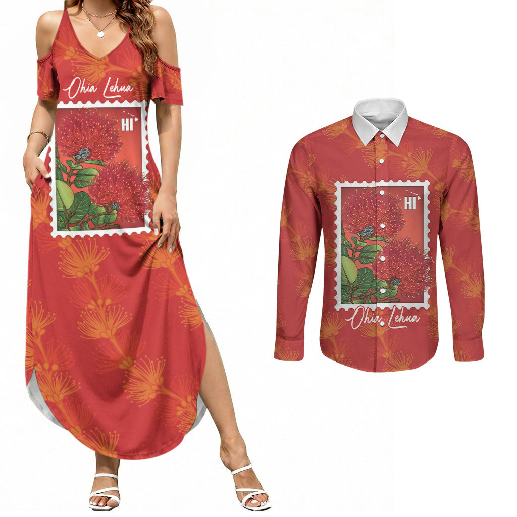 Aloha Hawaii Ohia Lehua Couples Matching Summer Maxi Dress and Long Sleeve Button Shirt Hawaiian Lei Stylized Stamp LT14 Red - Polynesian Pride