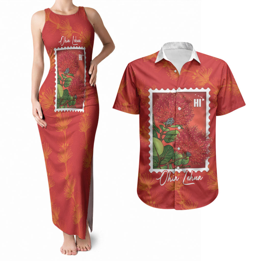 Aloha Hawaii Ohia Lehua Couples Matching Tank Maxi Dress and Hawaiian Shirt Hawaiian Lei Stylized Stamp LT14 Red - Polynesian Pride