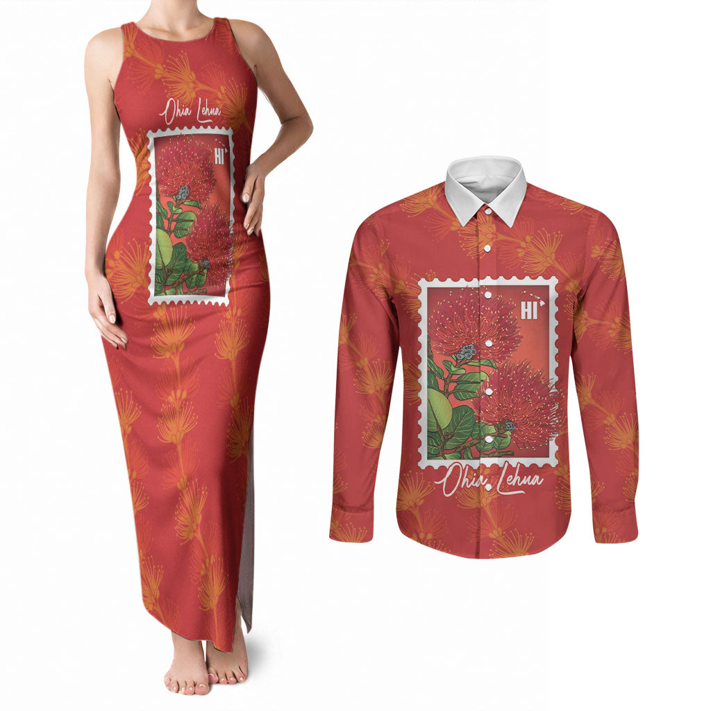 Aloha Hawaii Ohia Lehua Couples Matching Tank Maxi Dress and Long Sleeve Button Shirt Hawaiian Lei Stylized Stamp