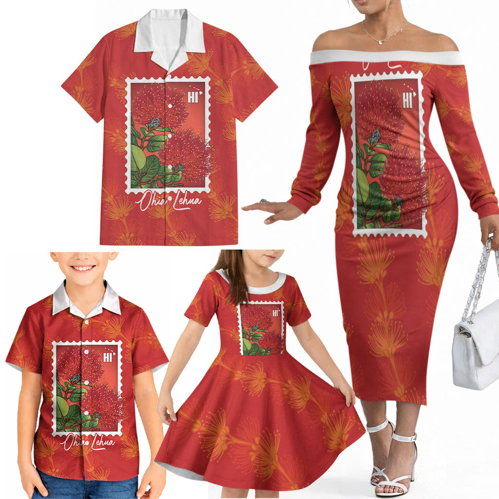Aloha Hawaii Ohia Lehua Family Matching Off The Shoulder Long Sleeve Dress and Hawaiian Shirt Hawaiian Lei Stylized Stamp LT14 - Polynesian Pride