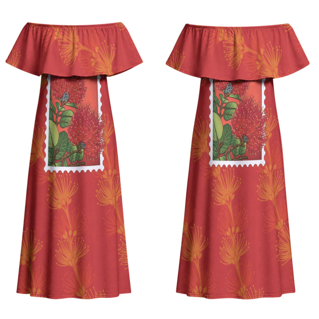 Aloha Hawaii Ohia Lehua Family Matching Off Shoulder Maxi Dress and Hawaiian Shirt Hawaiian Lei Stylized Stamp LT14 Mom's Dress Red - Polynesian Pride