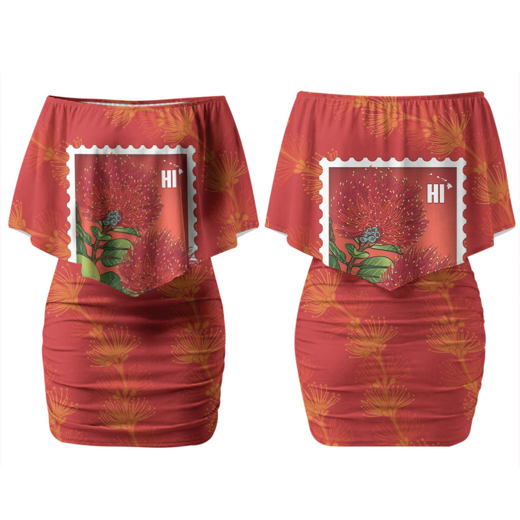 Aloha Hawaii Ohia Lehua Family Matching Off Shoulder Short Dress and Hawaiian Shirt Hawaiian Lei Stylized Stamp LT14 Mom's Dress Red - Polynesian Pride
