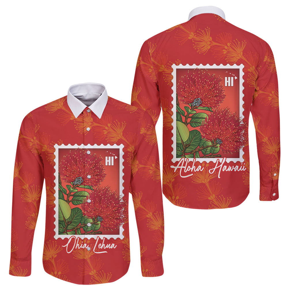 Aloha Hawaii Ohia Lehua Family Matching Off Shoulder Short Dress and Hawaiian Shirt Hawaiian Lei Stylized Stamp LT14 Dad's Shirt - Long Sleeve Red - Polynesian Pride