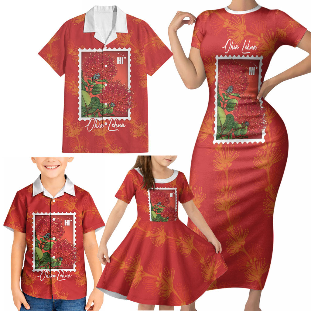 Aloha Hawaii Ohia Lehua Family Matching Short Sleeve Bodycon Dress and Hawaiian Shirt Hawaiian Lei Stylized Stamp LT14 - Polynesian Pride
