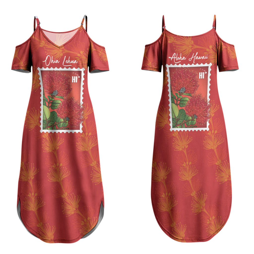 Aloha Hawaii Ohia Lehua Family Matching Summer Maxi Dress and Hawaiian Shirt Hawaiian Lei Stylized Stamp LT14 Mom's Dress Red - Polynesian Pride