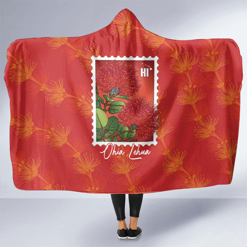 Aloha Hawaii Ohia Lehua Hooded Blanket Hawaiian Lei Stylized Stamp LT14 One Size Red - Polynesian Pride