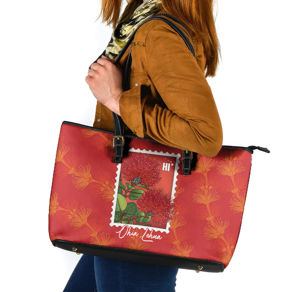 Aloha Hawaii Ohia Lehua Leather Tote Bag Hawaiian Lei Stylized Stamp LT14 Red - Polynesian Pride