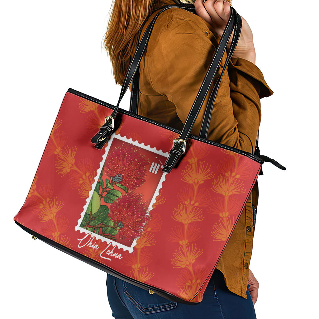 Aloha Hawaii Ohia Lehua Leather Tote Bag Hawaiian Lei Stylized Stamp LT14 - Polynesian Pride