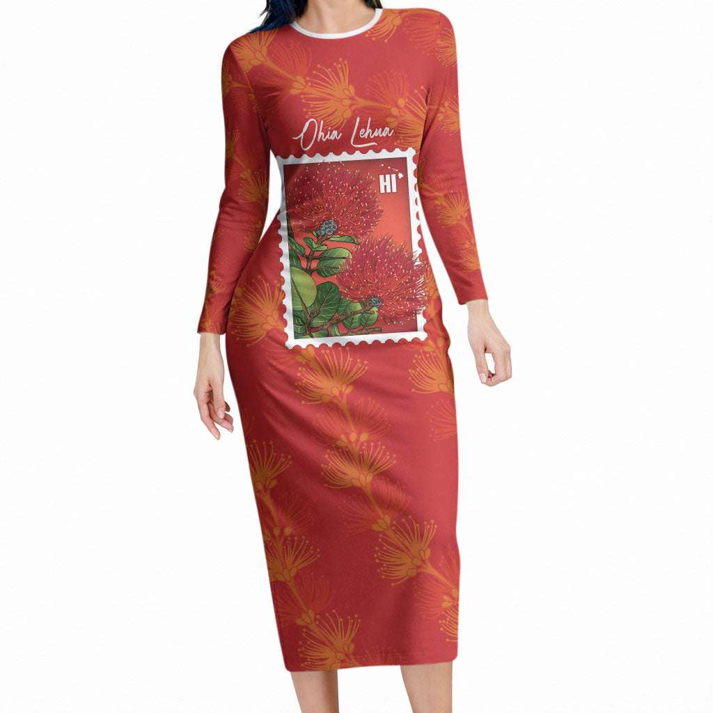 Aloha Hawaii Ohia Lehua Long Sleeve Bodycon Dress Hawaiian Lei Stylized Stamp