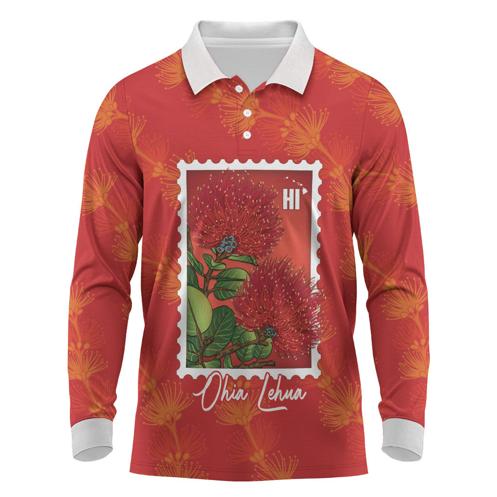 Aloha Hawaii Ohia Lehua Long Sleeve Polo Shirt Hawaiian Lei Stylized Stamp LT14 Red - Polynesian Pride