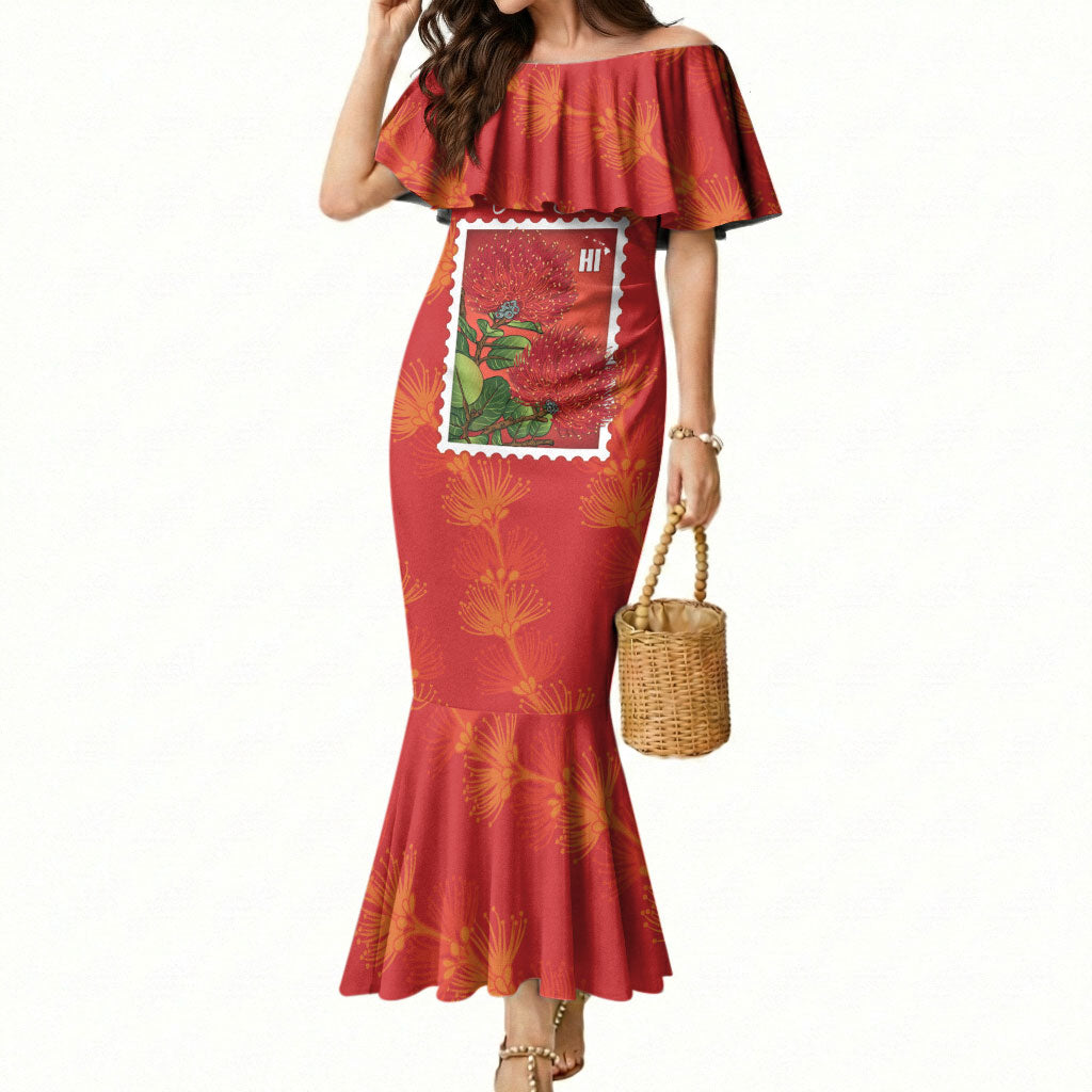 Aloha Hawaii Ohia Lehua Mermaid Dress Hawaiian Lei Stylized Stamp LT14 Women Red - Polynesian Pride