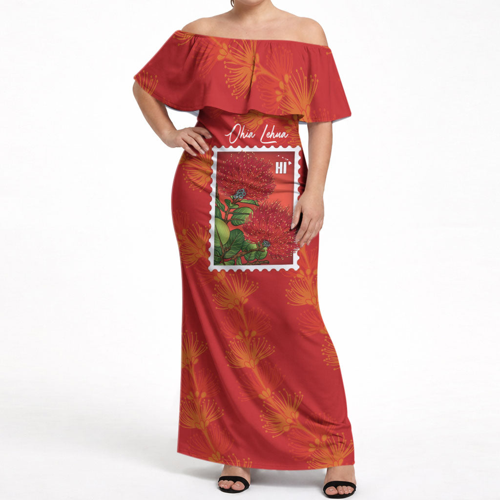 Aloha Hawaii Ohia Lehua Off Shoulder Maxi Dress Hawaiian Lei Stylized Stamp LT14 Women Red - Polynesian Pride