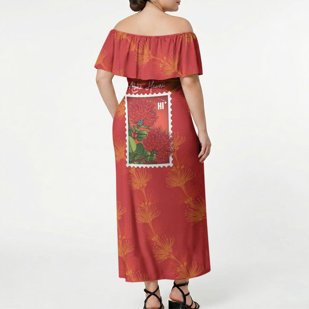 Aloha Hawaii Ohia Lehua Off Shoulder Maxi Dress Hawaiian Lei Stylized Stamp LT14 - Polynesian Pride
