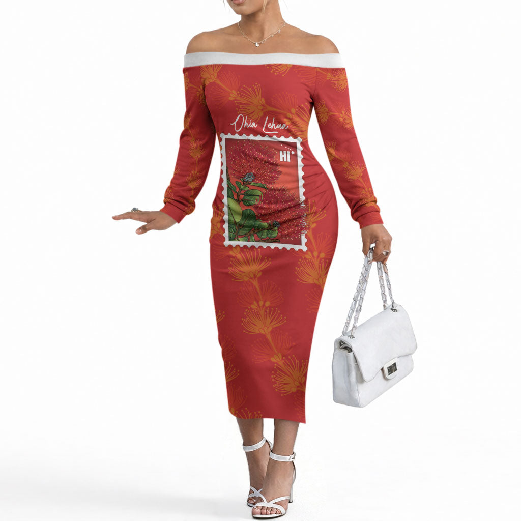 Aloha Hawaii Ohia Lehua Off The Shoulder Long Sleeve Dress Hawaiian Lei Stylized Stamp