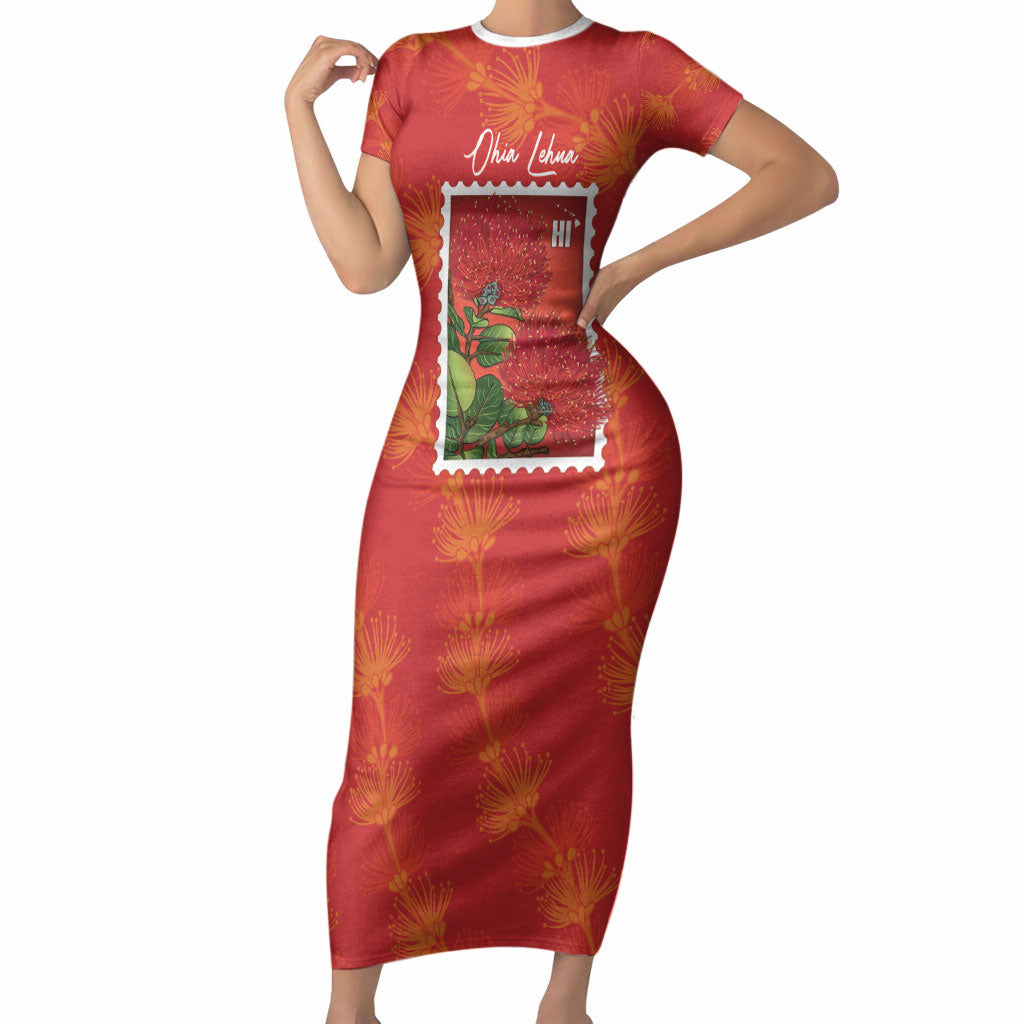 Aloha Hawaii Ohia Lehua Short Sleeve Bodycon Dress Hawaiian Lei Stylized Stamp LT14 Long Dress Red - Polynesian Pride