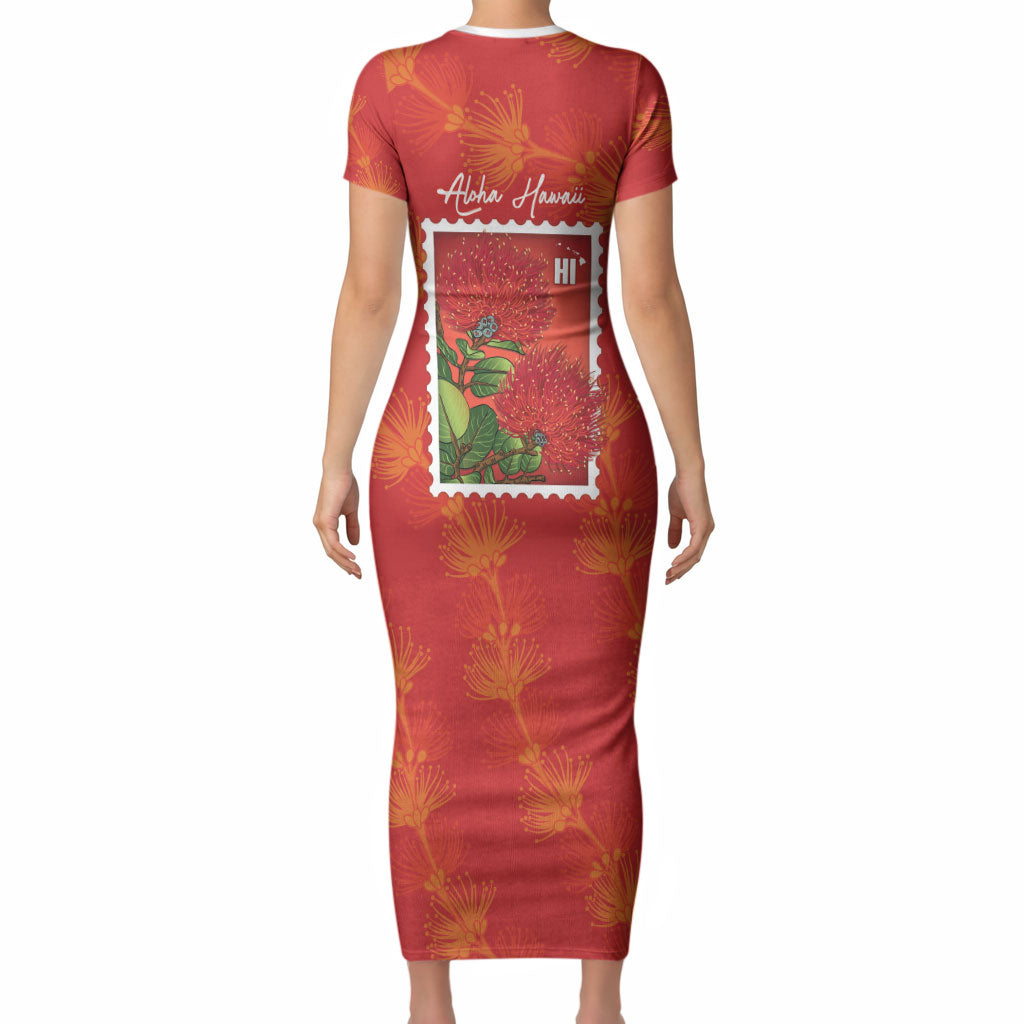 Aloha Hawaii Ohia Lehua Short Sleeve Bodycon Dress Hawaiian Lei Stylized Stamp LT14 - Polynesian Pride
