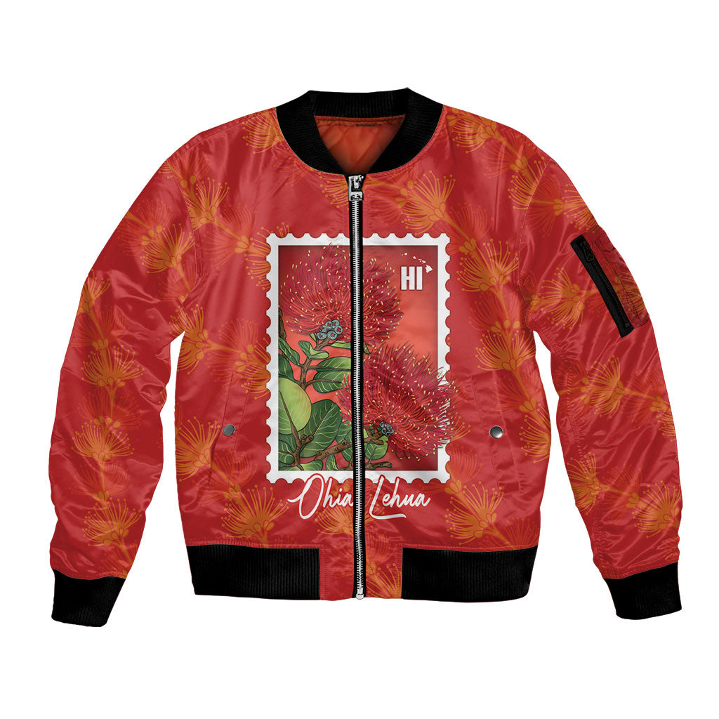 Aloha Hawaii Ohia Lehua Sleeve Zip Bomber Jacket Hawaiian Lei Stylized Stamp LT14 Unisex Red - Polynesian Pride