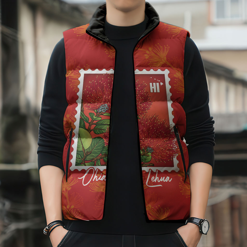 Aloha Hawaii Ohia Lehua Sleeveless Puffer Jacket Hawaiian Lei Stylized Stamp LT14 - Polynesian Pride