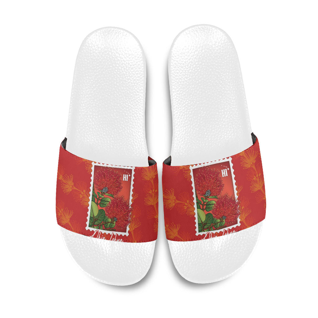 Aloha Hawaii Ohia Lehua Slide Sandals Hawaiian Lei Stylized Stamp LT14 Red - Polynesian Pride
