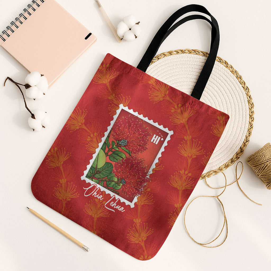 Aloha Hawaii Ohia Lehua Tote Bag Hawaiian Lei Stylized Stamp LT14 Black Strap One Size Red - Polynesian Pride