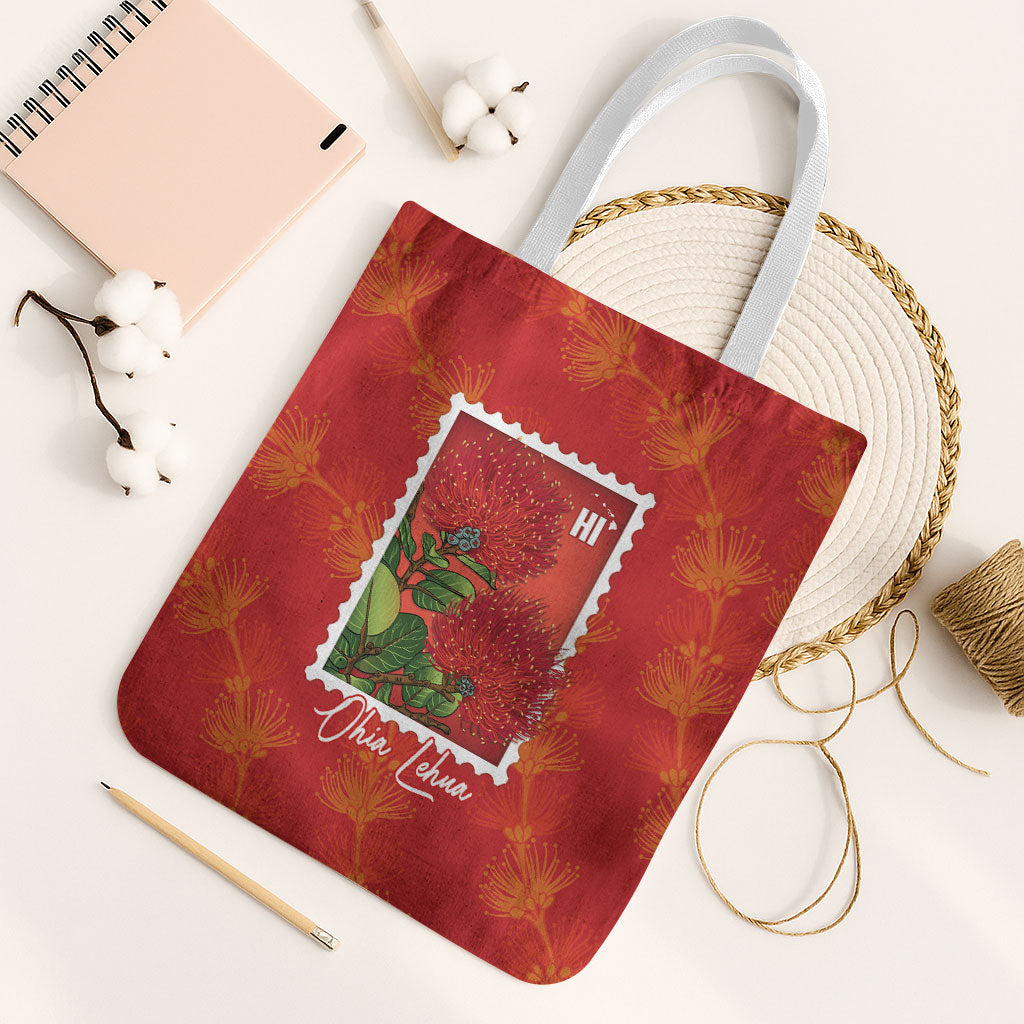 Aloha Hawaii Ohia Lehua Tote Bag Hawaiian Lei Stylized Stamp LT14 White Strap One Size Red - Polynesian Pride