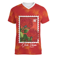Aloha Hawaii Ohia Lehua Women V-Neck T-Shirt Hawaiian Lei Stylized Stamp LT14 Female Red - Polynesian Pride