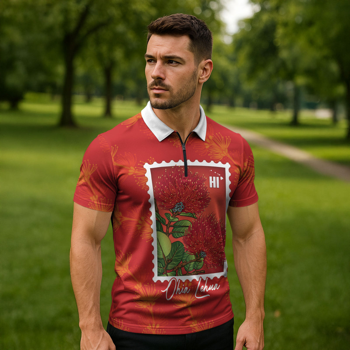 Aloha Hawaii Ohia Lehua Zipper Polo Shirt Hawaiian Lei Stylized Stamp LT14 - Polynesian Pride