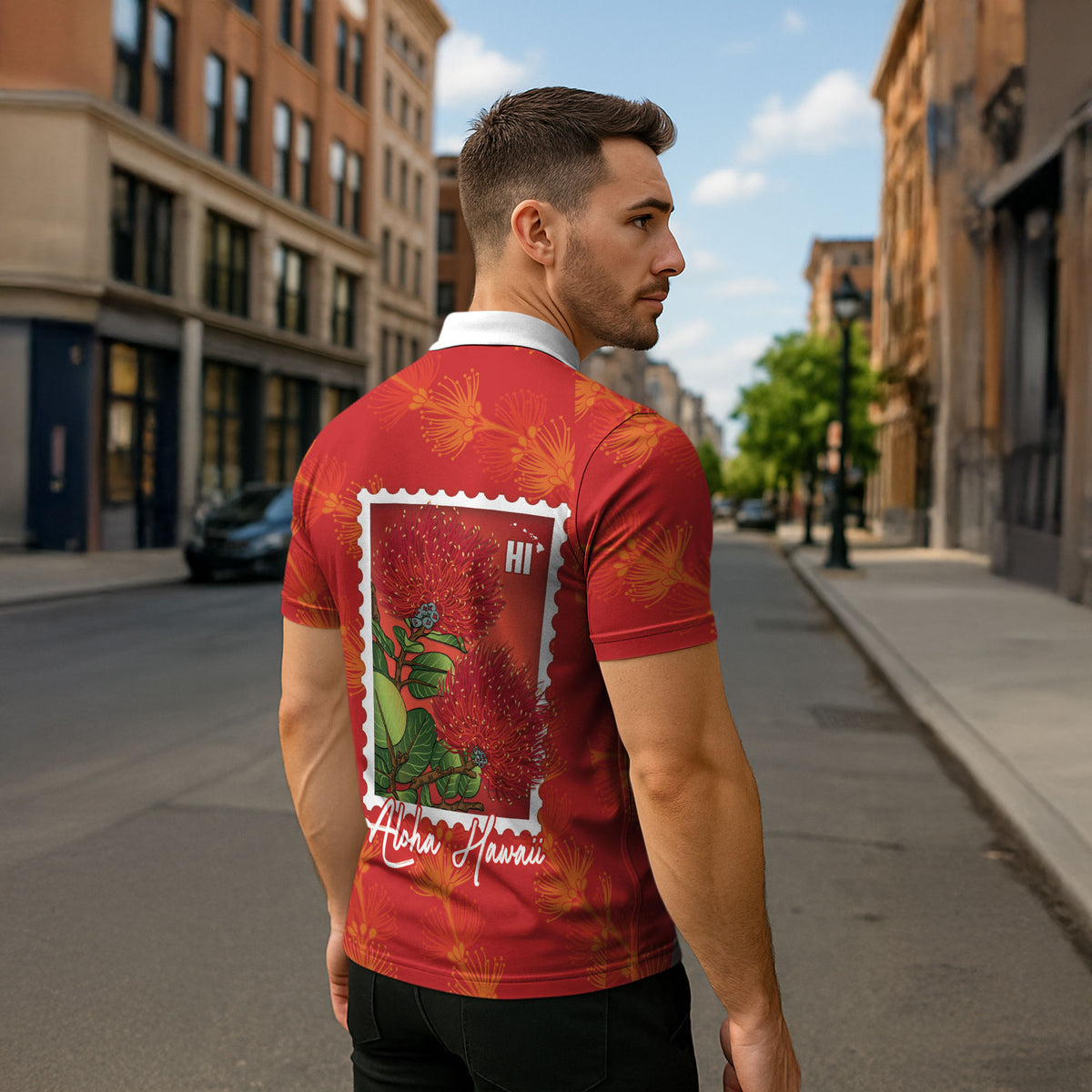 Aloha Hawaii Ohia Lehua Zipper Polo Shirt Hawaiian Lei Stylized Stamp LT14 - Polynesian Pride