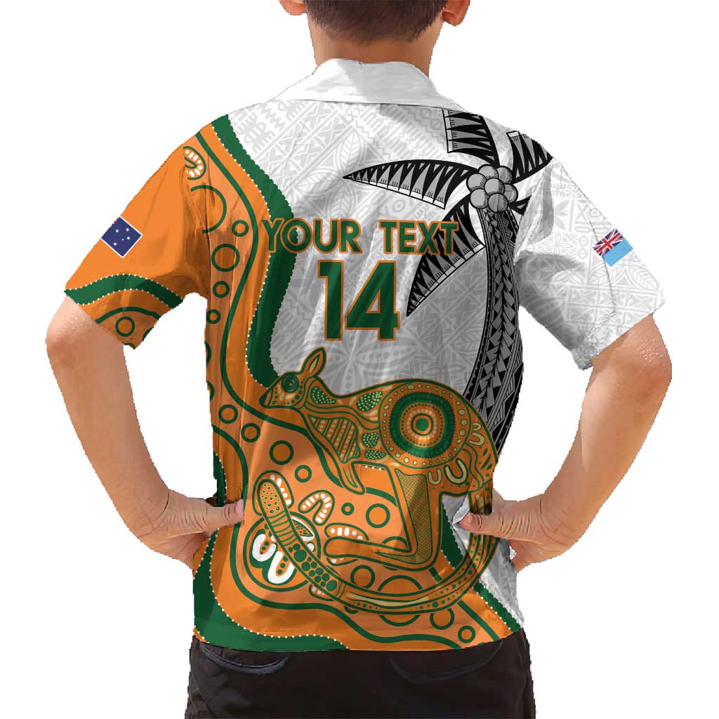 Custom Fiji And Australia Rugby Family Matching Long Sleeve Bodycon Dress and Hawaiian Shirt Fijian Palm Tree Mix Aussie Kangaroo LT14 - Polynesian Pride