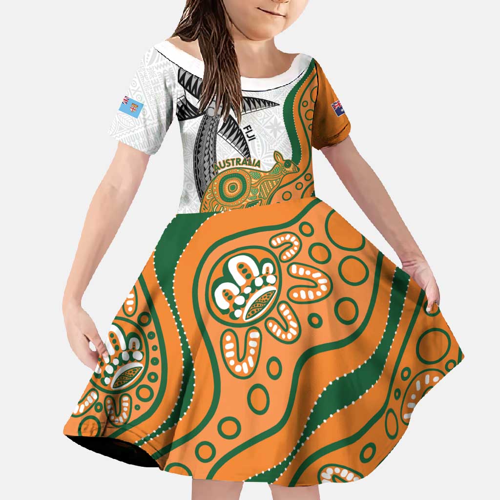 Custom Fiji And Australia Rugby Family Matching Long Sleeve Bodycon Dress and Hawaiian Shirt Fijian Palm Tree Mix Aussie Kangaroo LT14 Daughter's Dress Gold - Polynesian Pride